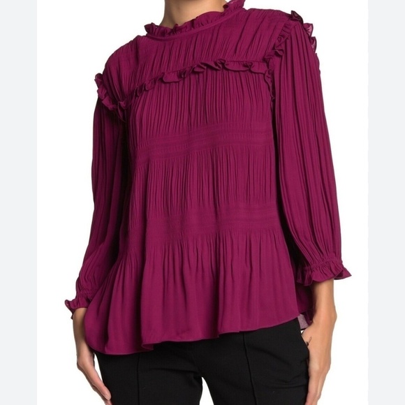 Ted Baker Airlie Pleated Smocking High Neck with Ruffle Top Blouse, Deep Pink, 4 - Picture 5 of 13